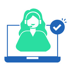 Female Support Agent Verified. Laptop with female agent and verification check for confirmed customer support