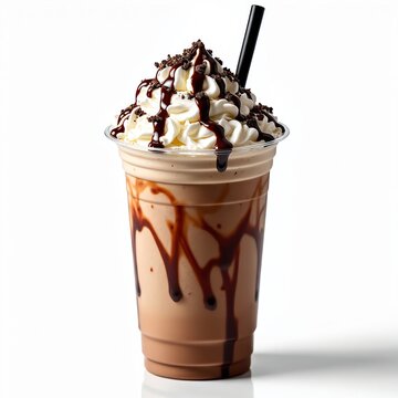 Delicious mocha frappe in plastic cup, topped with whipped cream and chocolate sauce. Sweet iced coffee beverage, favorite coffee shop menu. Refreshing drink to quench thirst during hot summer days.