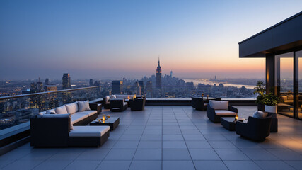 Fototapeta premium The image shows a rooftop terrace with sofas