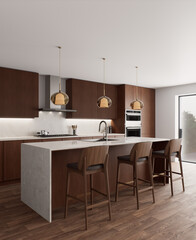 A modern kitchen featuring an elegant design that incorporates beautiful natural materials