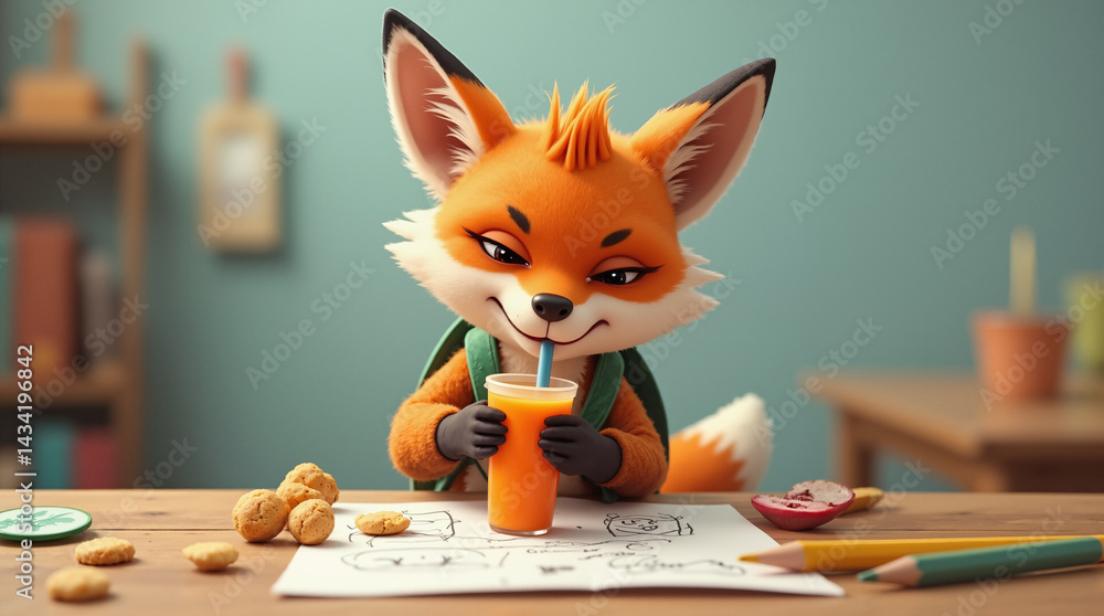 Poster the image shows an animated fox sitting at a table with a glass of orange juice in one hand and a st