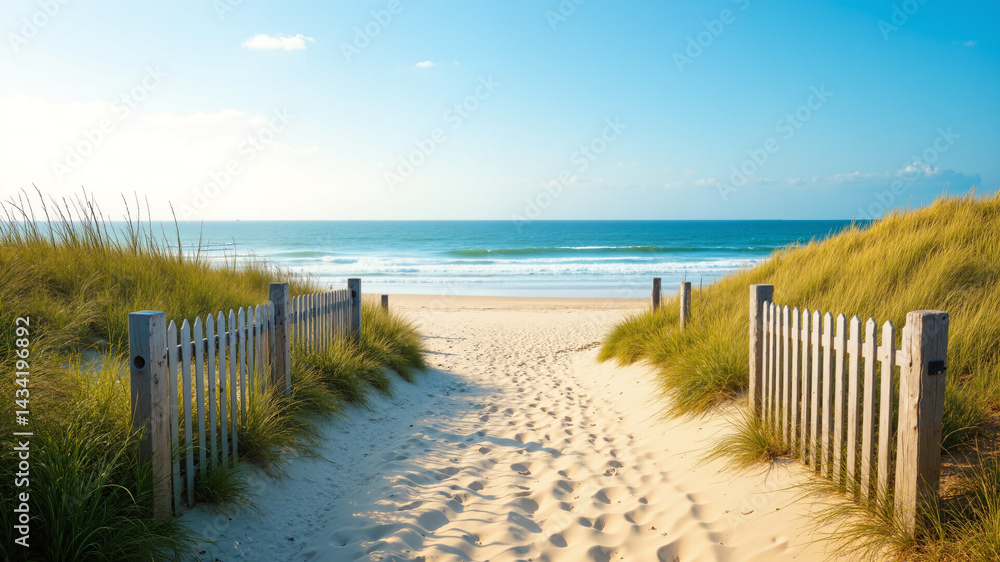 Poster the image shows a path leading to the beach with sand dunes and a wooden fence on either side. the p