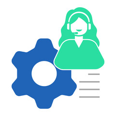 Technical Support Female. Female agent with gear icon for handling support and system issues