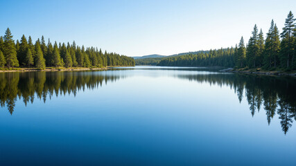 Obraz premium The image shows a large body of water surrounded by trees and mountains