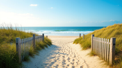 Fototapeta premium The image shows a path leading to the beach with sand dunes and a wooden fence on either side. The path is surrounded by lush green grass and the ocean is visible in the background
