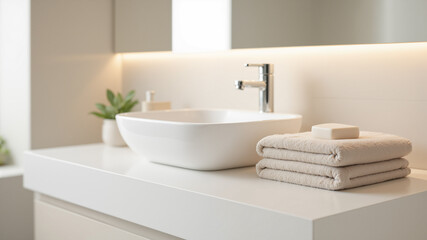 Fototapeta premium The image shows a white sink sitting under a mirror in a bathroom. On the countertop next to the sink are towels