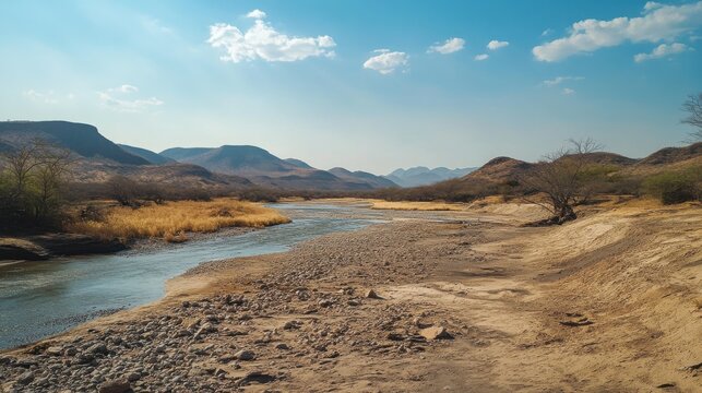 Dry and cracked riverbed of Amendolea River surrounded by barren landscapes under scorching sun, arid, nature.