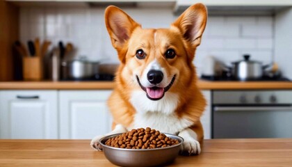 Cute Corgi dog with bowl of dry food sitting in kitchen at home