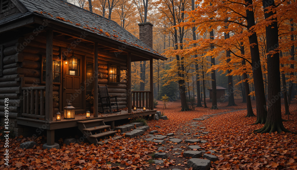 Aufkleber the image shows a log cabin nestled in the woods surrounded by trees with their leaves changing to v