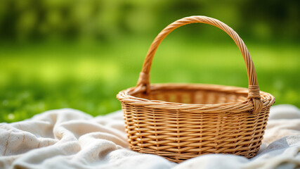 The image shows a wicker basket sitting on top of a white cloth in the grass. The background is slightly blurred