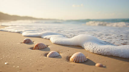 The image shows seashells on the beach at sunset