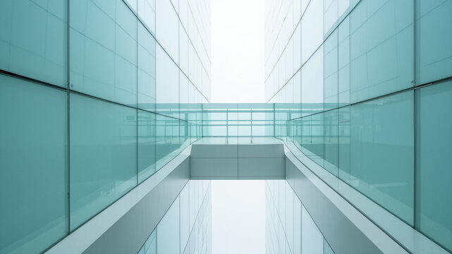The image shows a glass building with a walkway in the middle of it