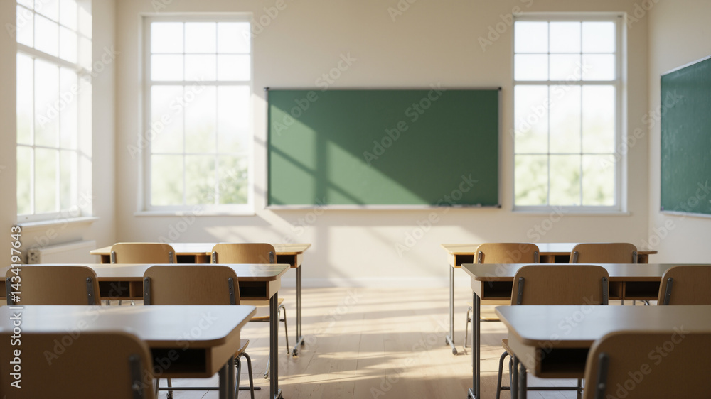 Poster the image shows an empty classroom with desks and chairs arranged in neat rows