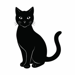 A silhouette of a black cat walking against a stark white background. The minimalist design emphasizes contrast and elegant feline motion.