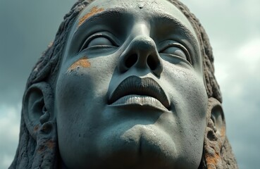 Close-up of monumental sculpture face with detailed carving, realistic skin texture, subtle expression. Fine art of old statue with elegant design. Dramatic shadows, highlights, ancient look,