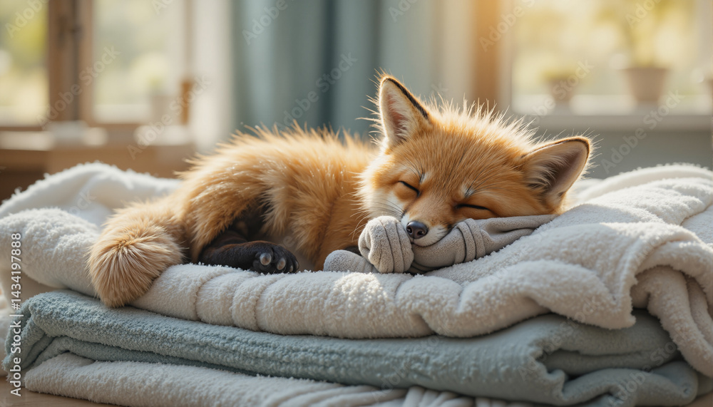 Poster the image shows a cute red fox sleeping peacefully on top of a pile of towels on a table. the backgr
