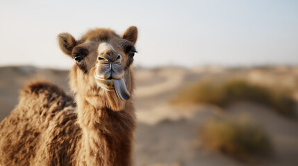 Obraz premium Close up of Camel Dromedary standing in desert and sticking it's tongue out, funny animal concept