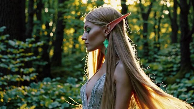 Enchanting forest elf walks gracefully through lush woodland setting
