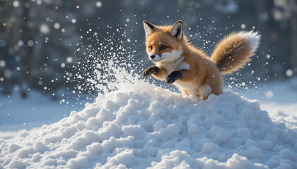 Obraz premium The image shows a red fox running through the snow