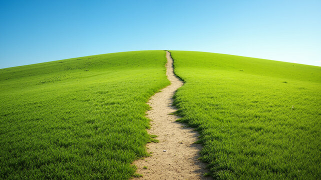 The image shows a dirt path winding through a lush green field