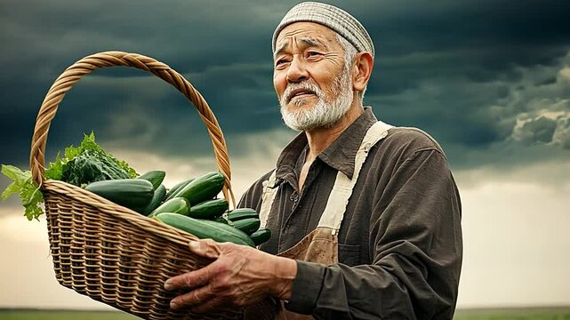 Elderly Farmer Holding Basket of Fresh Vegetables with Dramatic Sky in Background