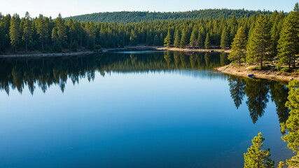 Obraz premium The image shows a large body of water surrounded by trees