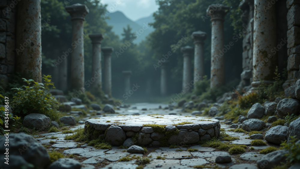 Poster the image shows an ancient ruins with a stone path winding through it