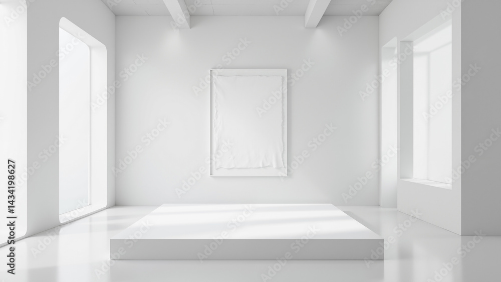 Poster the image shows an empty white room with a white platform in the center