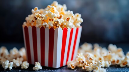 Buttery popcorn in a classic red and white striped box, spilling onto a dark surface.