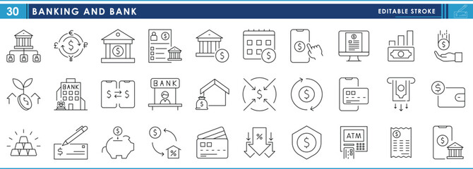 A set of line icons related to Banking and Bank. Bank, money, mobile, piggy, ATM, growth, statement, and so on. Vector editable stroke.