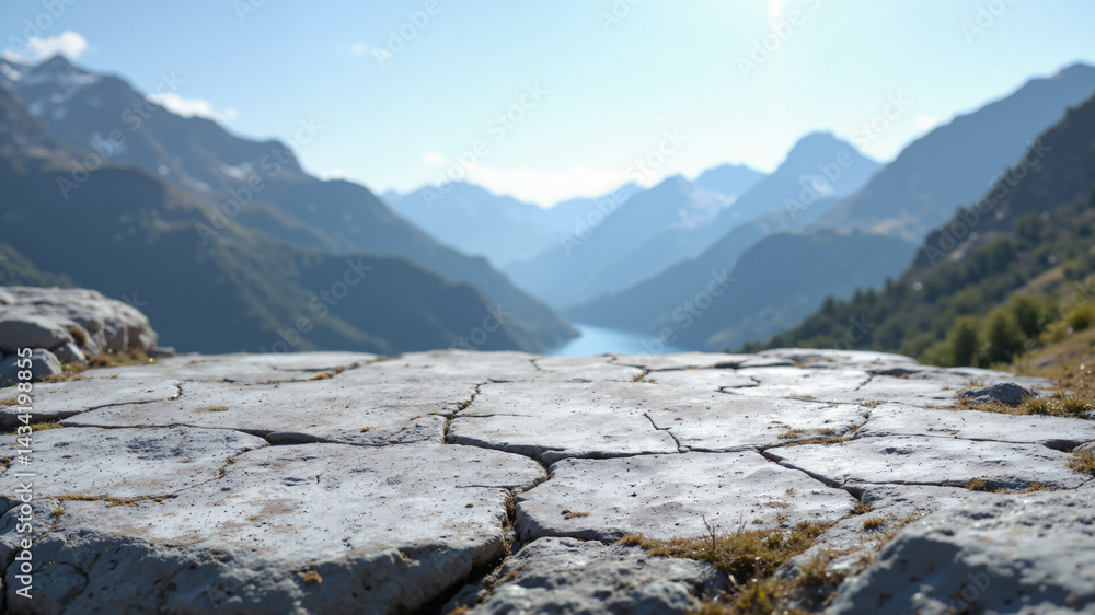 Poster the image shows a large rock in the middle of a mountain range with a lake in the background. the la