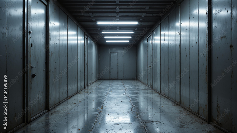 Poster the image shows an empty hallway with metal doors on either side and lights at the top. the floor is