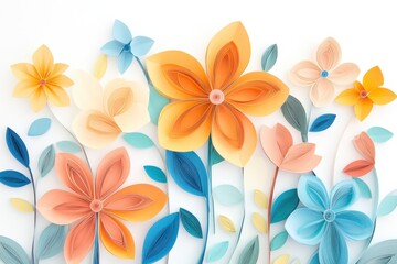 Obraz premium Colorful paper flowers on white background, layered design, intricate details, pastel shades, spring theme, craft, art.