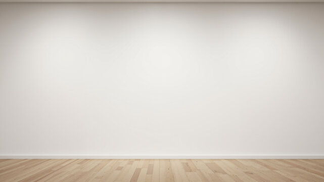The image shows an empty room with a white wall and wooden floor. The wall is painted white and the floor is made of wood