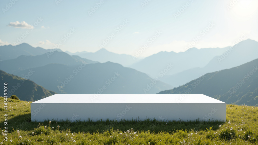 Poster the image shows a white platform in the middle of a grassy field with mountains in the background. t