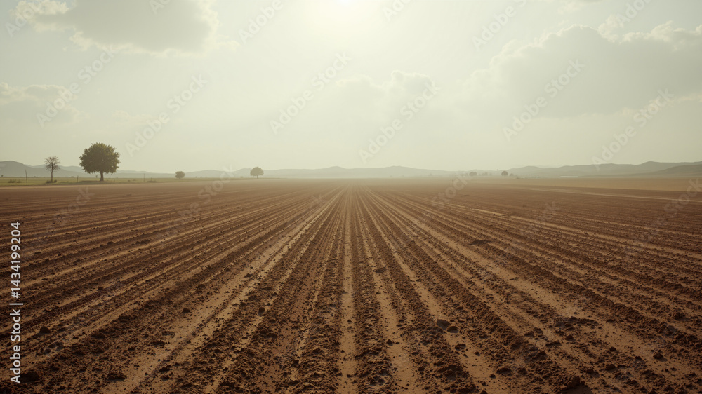 Poster the image shows a plowed field with a lone tree in the middle