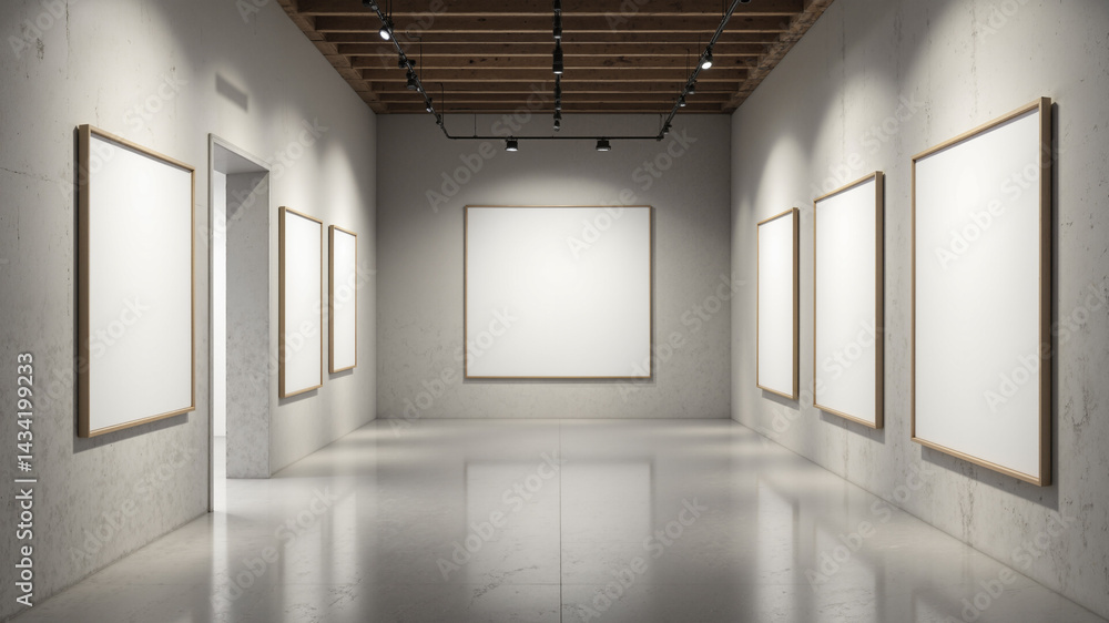 Poster the image shows an empty room with white frames on the walls and a wooden ceiling with lights at the