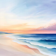 Fototapeta premium Pastel sunset over a calm ocean beach. Soft waves lap the sandy shore under a pale sky. Watercolor style.