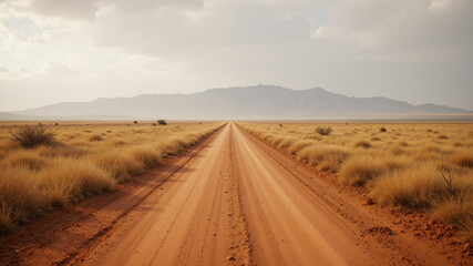 Fototapeta premium The image shows a dirt road winding through a desert landscape