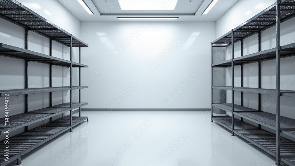 Poster the image shows an empty room with metal shelves and a skylight above them. the shelves are arranged
