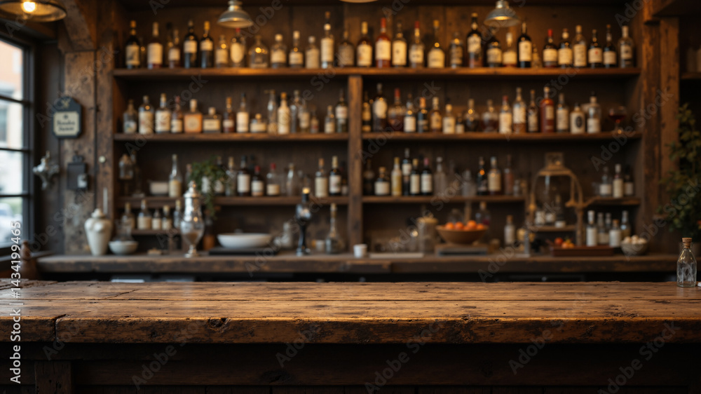 Poster the image shows a bar with a wooden table in the foreground and shelves filled with bottles in the b