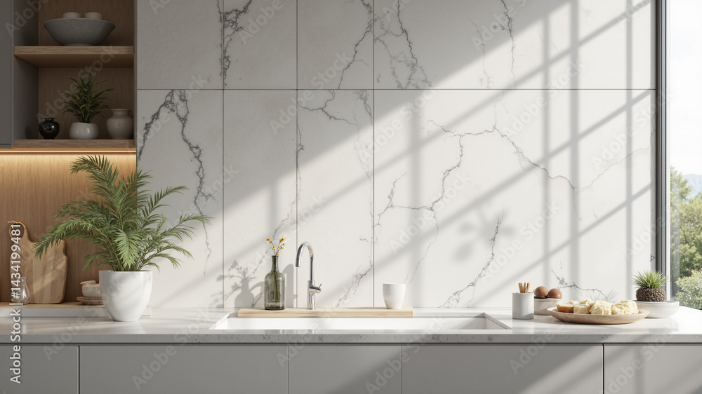 Poster the image shows a kitchen with a white counter top and a large window. on the counter top there is a