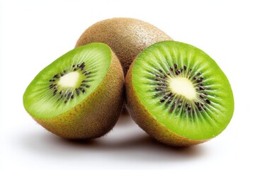 Ripe kiwi fruit sliced open revealing vibrant green flesh and tiny black seeds on a white background