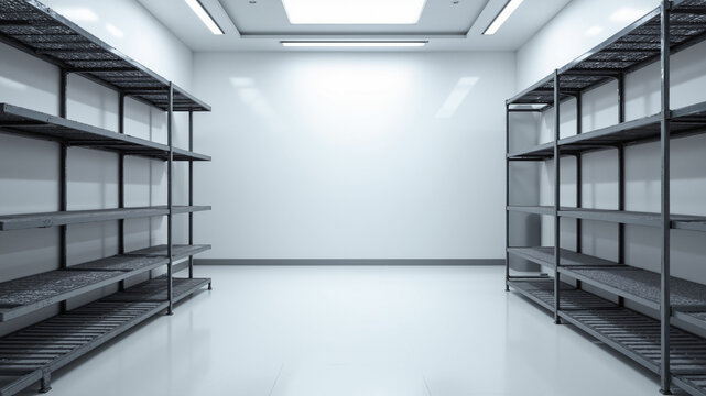 The image shows an empty room with metal shelves and a skylight above them. The shelves are arranged in a row and the room is illuminated by a few lights attached to the ceiling.