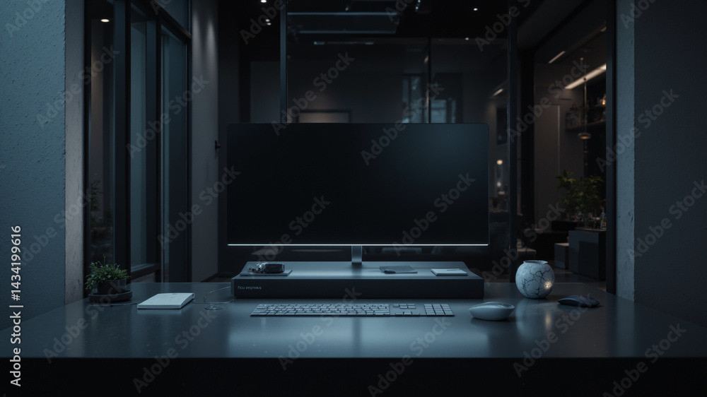 Poster the image shows a desktop computer sitting on top of a desk in a dark room. on the desk there is a m