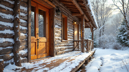 The image shows a log cabin in the woods covered in snow. The cabin has a door