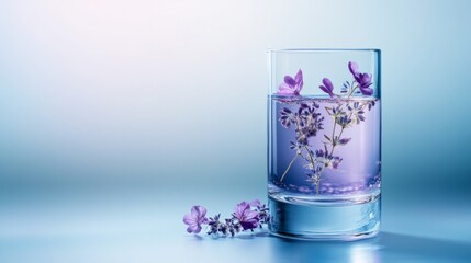 Tall glass with violet bubbles and thyme floating inside, a minimalist and elegant setup. generative ai