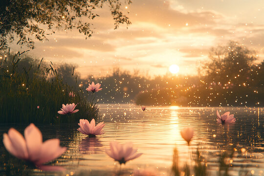 Floral serenity: Water lilies bathe in the golden glow of twilight's embrace