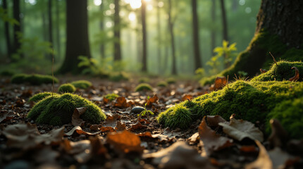 The image shows a lush green forest with moss covered rocks and dried leaves scattered on the ground. The trees in the background are tall and majestic
