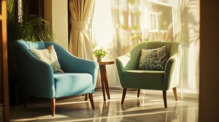 Sunlit living room with two armchairs, side table, and plants.